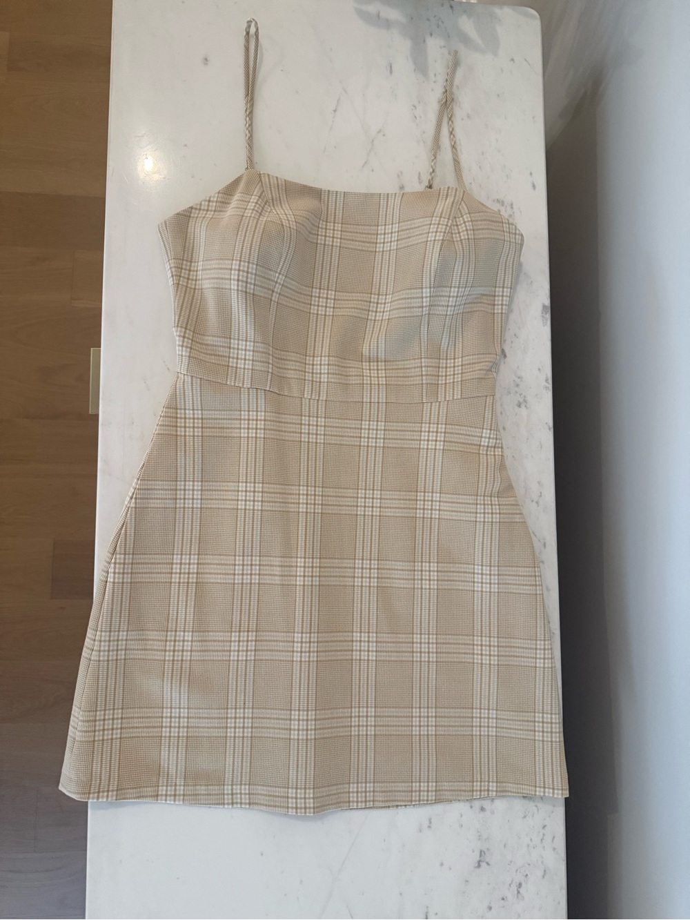 Wilfred Beige Plaid Spaghetti Strap Mini Dress